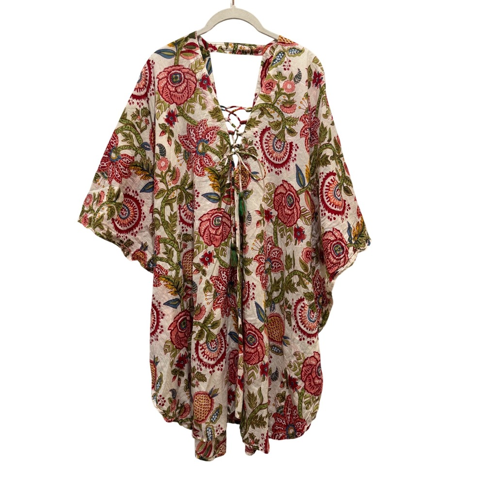 Floral Lace-Up Boho Tunic Dress in Cream and Red